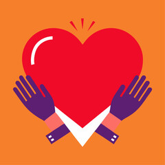 Obraz premium Hands Holding Red Heart – Minimalist Valentine’s Day Vector on Blue Background with Love Gesture