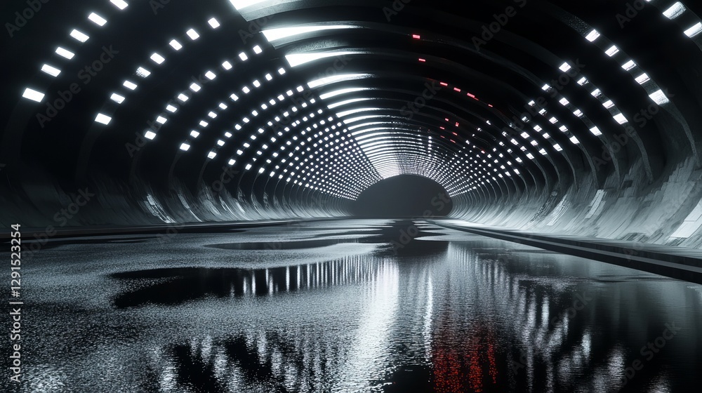 Poster 3d rendering of a curved tunnel with led lights on the ceiling reflecting in puddles on a wet dark s