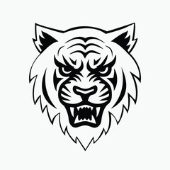 Fierce tiger head illustration with bold lines and intense expression, perfect for sports team logos, apparel designs, and tattoo art. Tiger head vector.
