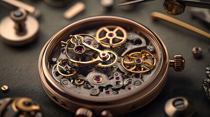 Precision Time: Intricate mechanisms and gears of a mechanical timepiece, showcasing the artistry of horology, a close-up shot emphasizing precision and craftsmanship.