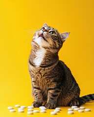 Obraz premium Tabby cat with tongue out sits near scattered pills on yellow backdrop. Illustrates pet healthcare and playful moments. Great for pet blogs and pharma ads.