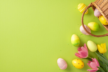 Colorful decorated Easter eggs spilling from a basket with pink and yellow tulips, set on a vibrant...