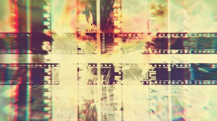 Obraz premium Distressed vintage film strip experimental glitch effect, sepia colors and colorful light leaks for creative media background