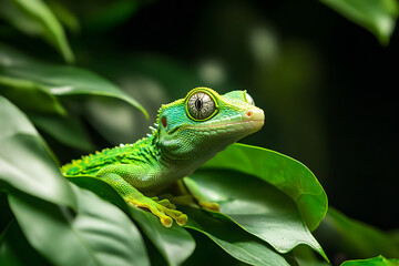 Obraz premium Closeup of a Geckp, Green Lizzard, exotic reptile in wild nature