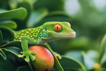 Closeup of a Geckp, Green Lizzard, exotic reptile in wild nature