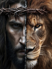 LION OF JUDAH, powerful image juxtaposing a gentle figure of jesus with a crown of thorns alongside a majestic lion, symbolizing a profound encounter between divine love and raw strength, 