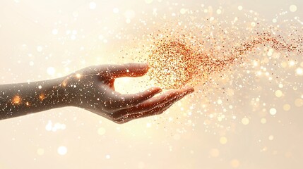 Woman's hand holding glowing particles; light background; hope, magic concept