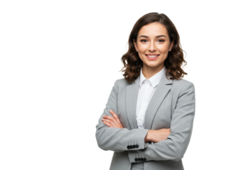 A confident businesswoman with wavy brown hair stands with her arms crossed isolated on transparent background