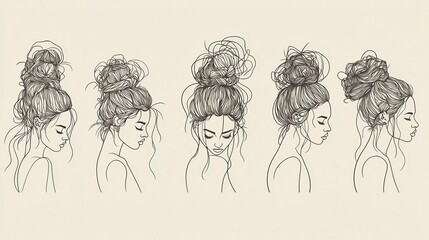 Woman's messy bun hairstyles, side profile, beige background, hair styling guide