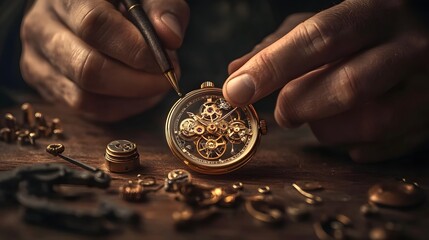 Precision in Time: A skilled watchmaker delicately repairs a intricate mechanism of a timepiece with meticulous attention, revealing the craftsmanship and care for precision. 