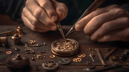 Precision in Time: A skilled artisan, meticulously assembles intricate watch mechanisms, highlighting craftsmanship and timeless elegance.