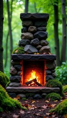 Rustic stone fire place in a forest landscape, woodsy, stone, fireplace