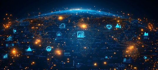 Obraz premium A digital globe with icons of people connecting across the world, surrounded by code and data streams in shades of blue,