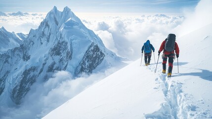 Two mountaineers climb snowy peak, symbolizing endurance & triumph. Ideal for adventure travel, outdoor gear marketing, and extreme sports themes.