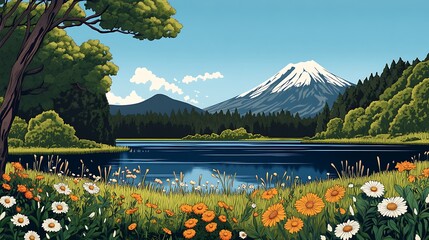 Serene Mountain Lake Digital Illustration: Summer Meadow and Snow-Capped Peaks AI Generated