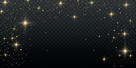 Glitter gold particles shine effect on transparent background. Vector gold glitter particles effect and texture. Stardust amber particles color on png background. Golden explosion of confetti