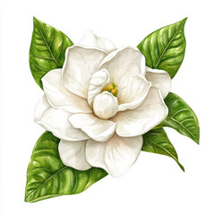 beautiful gardenia flower with white petals and vibrant green leaves, showcasing its fragrant and botanical essence. This illustration captures delicate details and natural beauty of flower