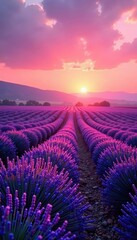 Obraz premium Soft pinkish purple hue spreads across the landscape as morning sun rises over lavender fields, pink, sunrise, sunrise