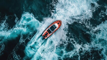 Aerial View of Rescue Boat Navigating Through Turbulent Ocean Waves