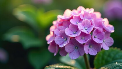 Soft pink purple petals of hydrangea bloom in morning dew, garden blooms, garden flowers