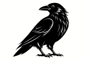  Black and White Raven Illustration – Woodcut Style Crow with Detailed Feathers and Gothic Aesthetic
