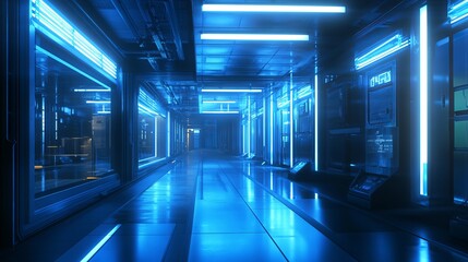 Beautiful neon night in a cyberpunk city Photorealistic 3D illustration of a futuristic city An empty street illuminated by blue neon lights