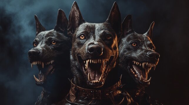 Cinematic fantasy art  three headed dog growling with sharp teeth in spiked leather collar