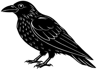Stylized Black Raven Illustration with Detailed Silhouette and Sharp Beak
