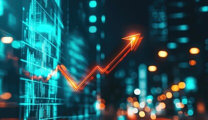 Financial growth illustrated by an upward trend in a futuristic cityscape at night with glowing lights