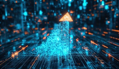 Digital technology visualizes growth through glowing data streams and upward arrows in a futuristic setting