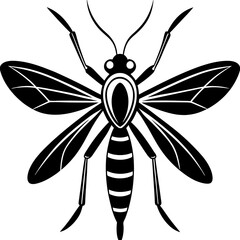 Stylized Black and White Wasp Illustration with Symmetrical Wings