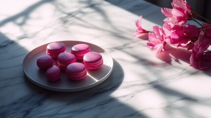 pink macarons on marble table with flowers