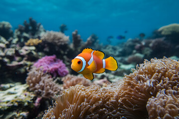Clown fish in sea, wild anemone fish in the coral reef, exotic white orange fish swimming in the ocean