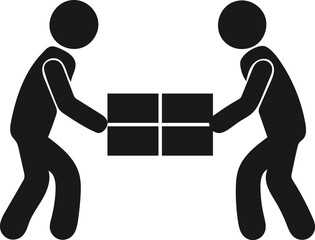 Simple black and white graphic showing two stick figures pushing a box together.