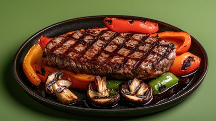 Grilled steak garnished with vibrant bell peppers and mushrooms
