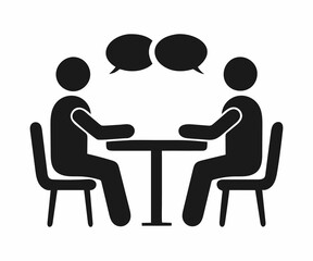 Fototapeta premium Simple black and white graphic of two stylized figures seated at a table, with speech bubbles above, suggesting a business meeting or informal discussion.