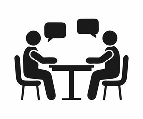 Simple black and white illustration of two stylized figures seated at a table, engaging in conversation.
