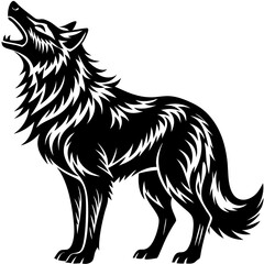 Fierce Snarling Wolf Head with Detailed Fur in Tribal Style, High Contrast