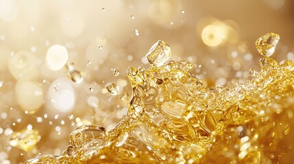Close-up of shimmering gold flakes floating in sparkling liquid backdrop