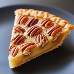 Delicious Pecan Pie Sliced on Dark Plate with Crunchy Toppings