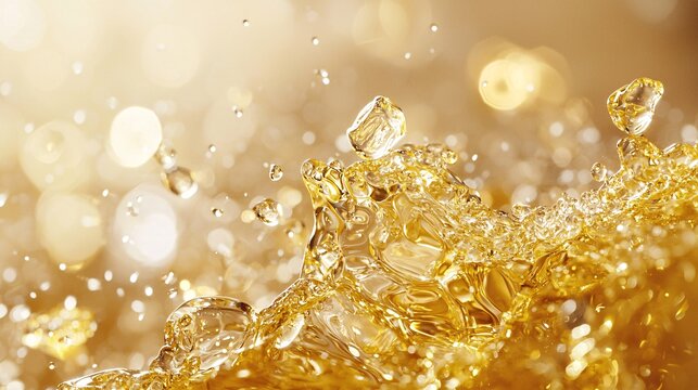 Close-up of shimmering gold flakes floating in sparkling liquid backdrop