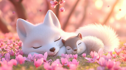 Little Foxes Napping in Flowers