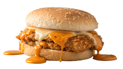 Crispy chicken burger with melted cheese and dripping sauce on a sesame seed bun, transparent background