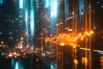 Fototapeta premium Futuristic financial scene illuminated stock market graph reflects on urban glass facade