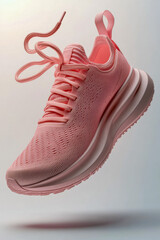 Stylish pink running shoe floating in mid-air with untied laces, isolated on a light background