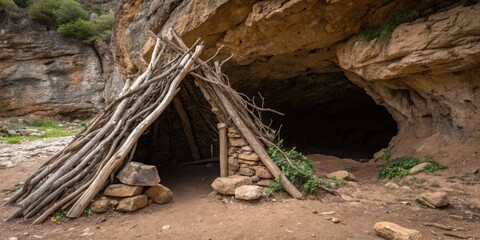 Fototapeta premium Traditional shelter constructed from natural materials near a cave entrance in a rocky landscape during daylight hours