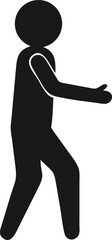 Simple black and white icon of a person walking with outstretched hand.