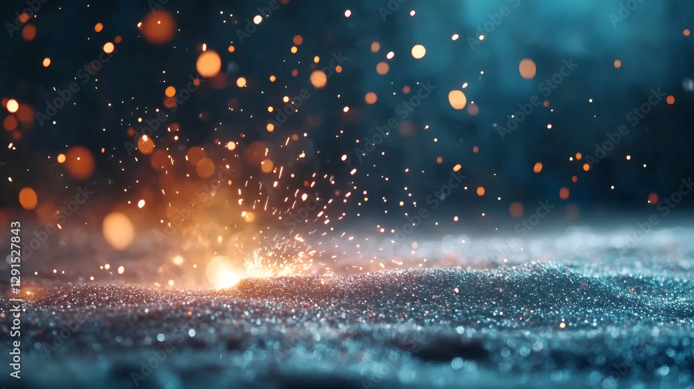 Poster luminous orange sparks bursting from glimmering dusty surface against deep shadowy backdrop