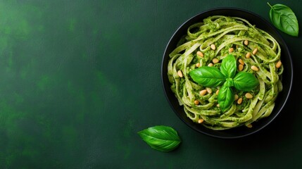 Delicious green pasta garnished with fresh basil leaves on dark