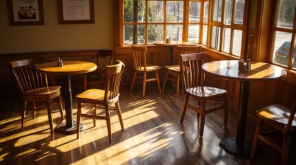 sunlit wooden cafe interior with empty tables and chairs